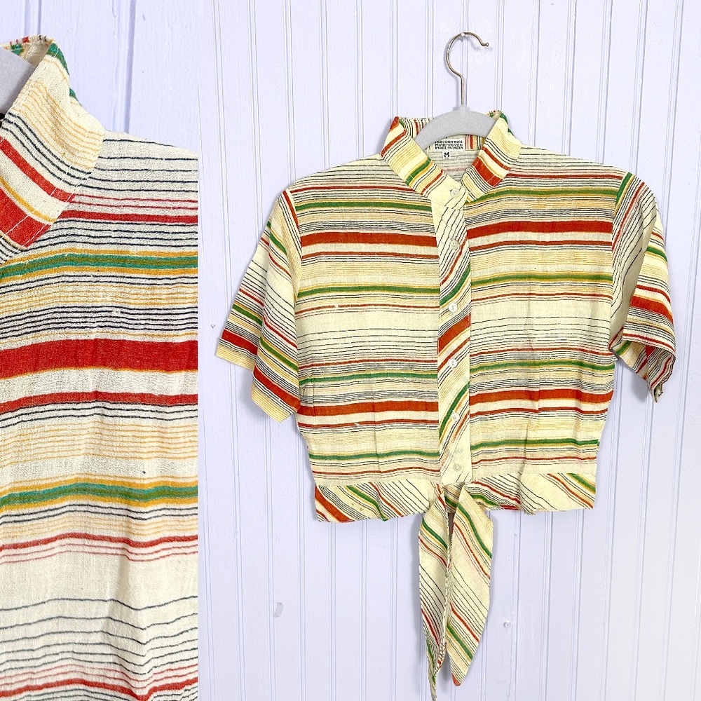 Vintage Cream Striped Tie-Front Crop Top with Red, Green & Yellow Stripes